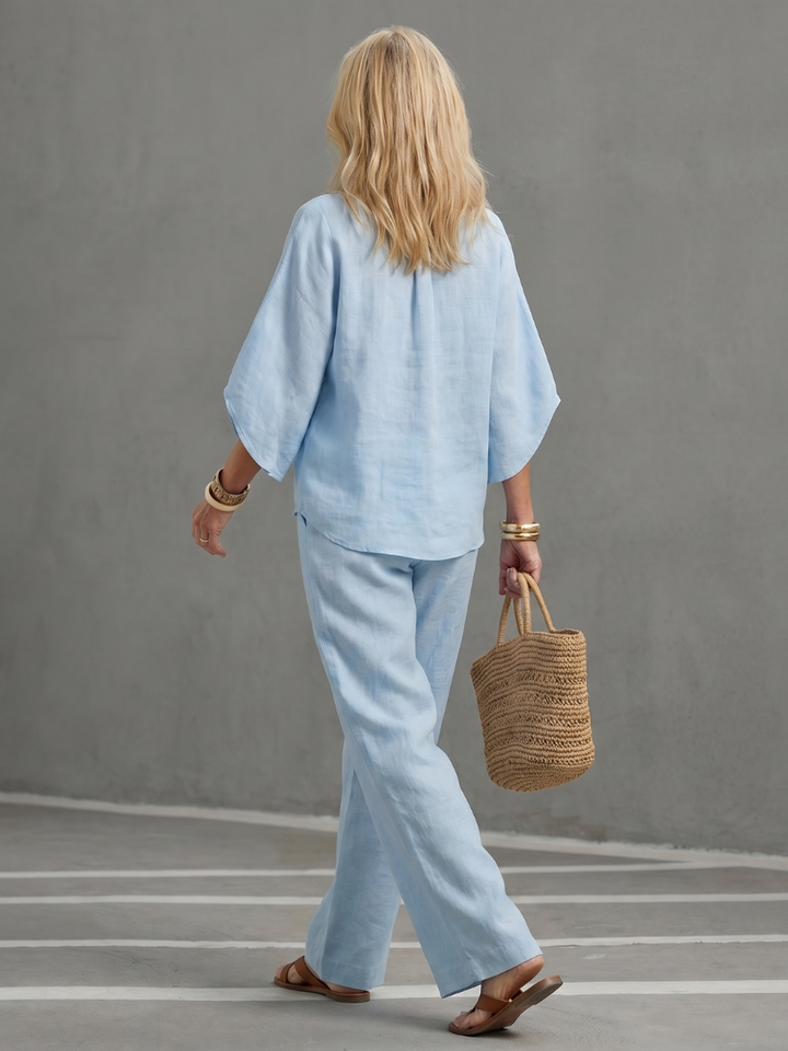 Veda Bremen Carolyn buttoned tunic and matching pants set in soft fabric, styled with a relaxed fit and subtle detailing.