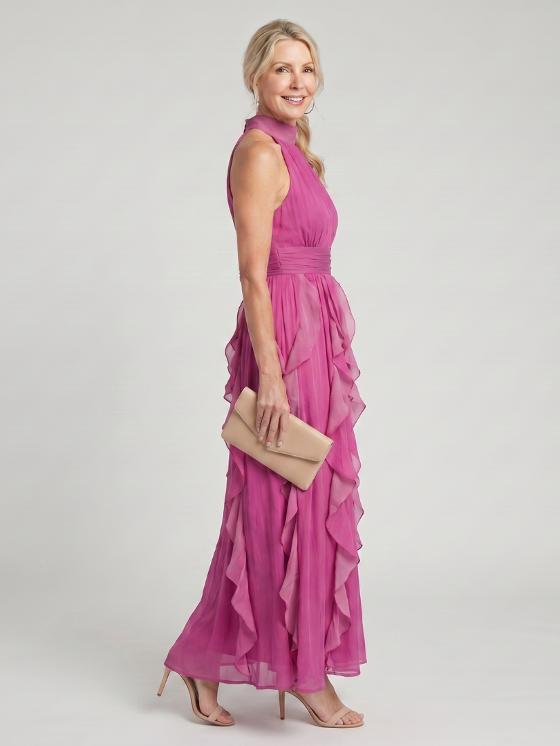 Veda Bremen Orea maxi dress with high neckline, ruched details, and layered ruffle accents, displayed on a hanger.