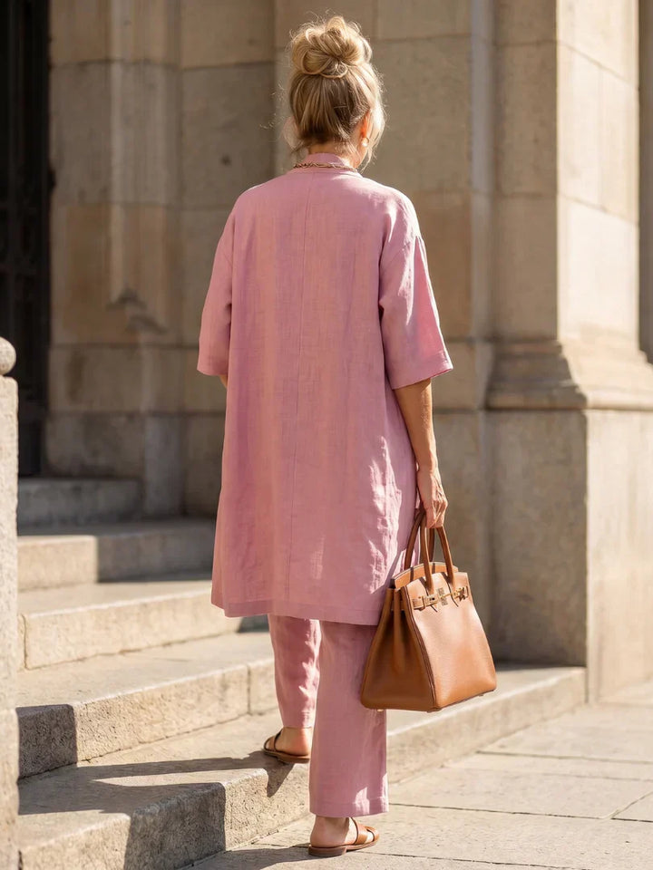 Veda Bremen Linnea lightweight linen set featuring a breezy top and matching pants in soft, natural linen fabric.
