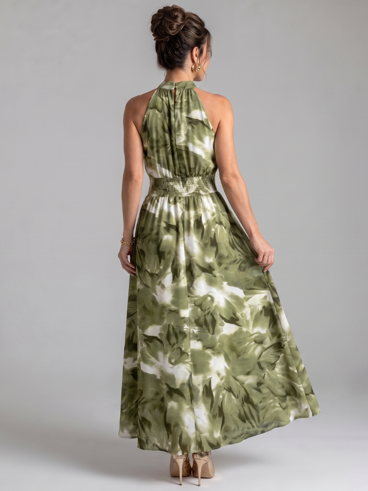 Veda Bremen Olivia midikleid with ruffled waist and abstract print, showcasing a stylish dress with a gathered detail.