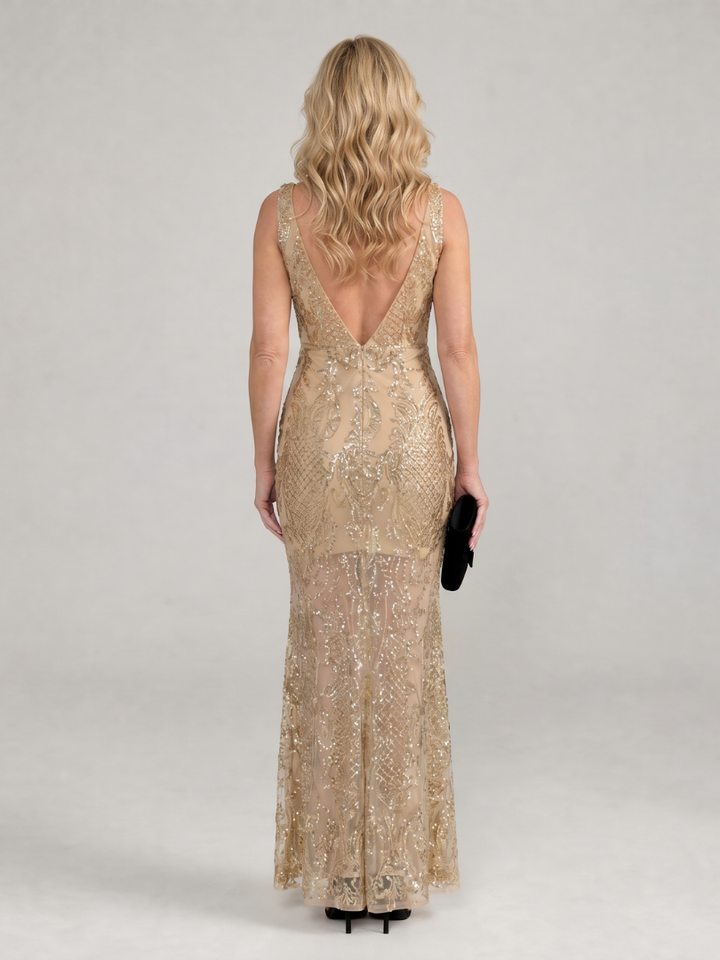 Veda Bremen Sirea sleeveless midi dress with sequins and sheer panel, elegant evening wear with sparkling details.