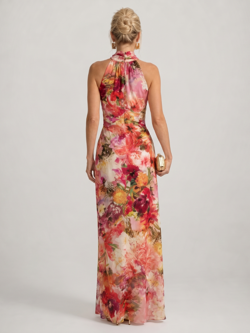 Veda Bremen Elisabetta maxi dress with floral print and neckholder, flowing summer dress with vibrant flower pattern.