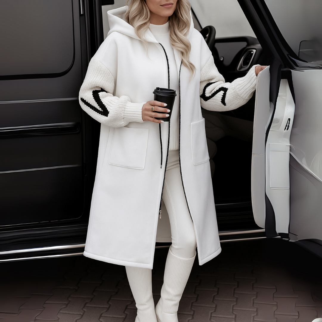 LuroLondon Roma elegant hooded coatigan jacket in neutral fabric, featuring a relaxed fit and stylish hood detail.