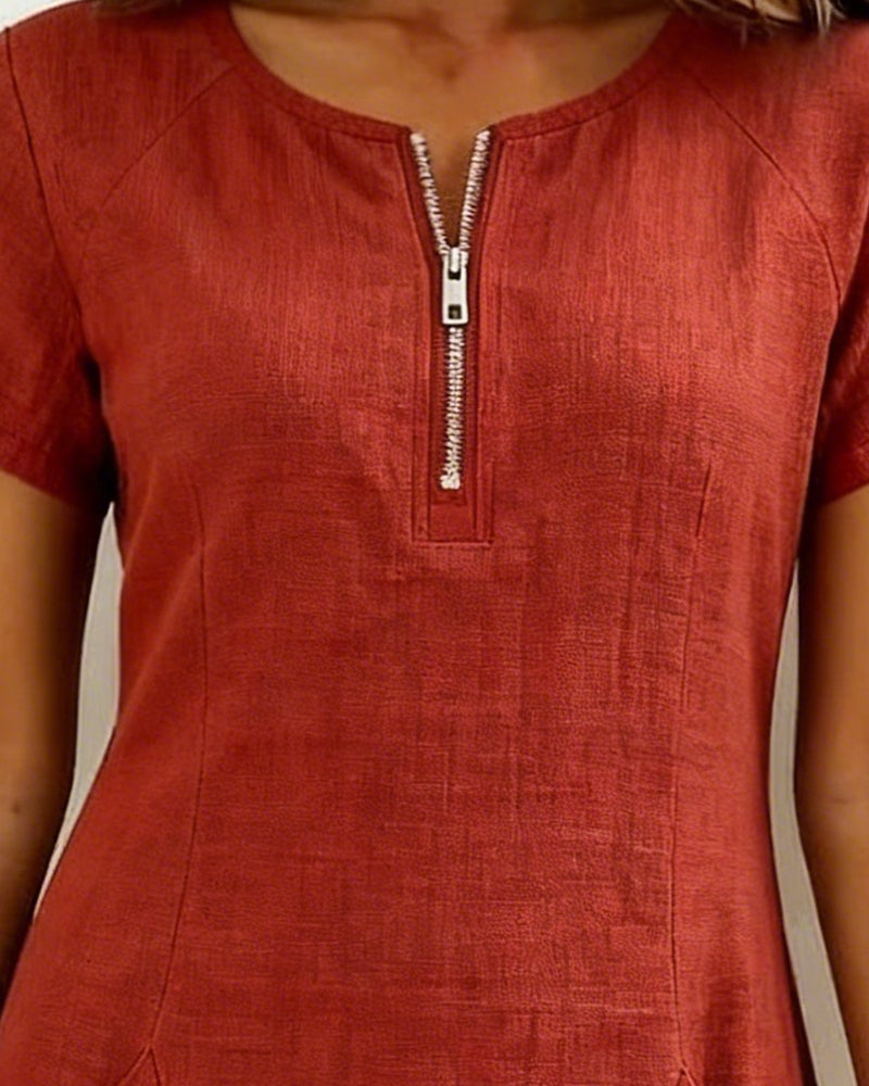 Veda Bremen Dariae A-line linen blend dress with short sleeves and a relaxed fit, perfect for casual summer wear.