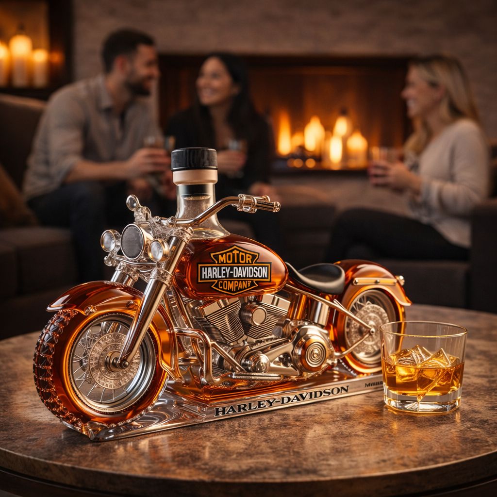 Veda Bremen Harley Davidson edition whisky bottle, houseware and kitchen item with motorcycle-themed design on clear glass.
