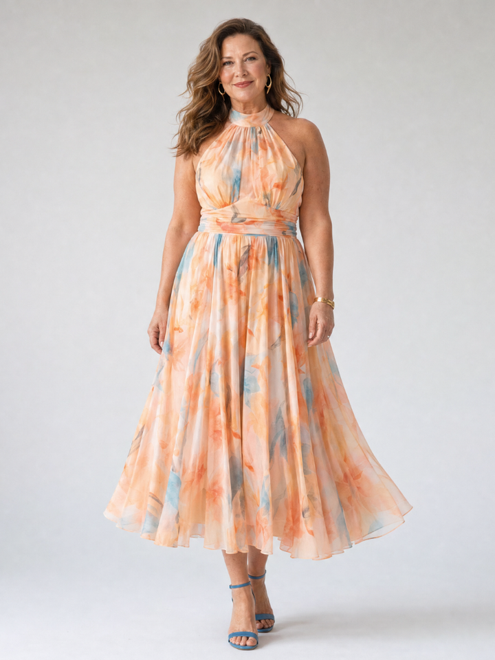 Veda Bremen Elin soft midi dress with neckholder, flowing fabric, and elegant design suitable for summer wear.