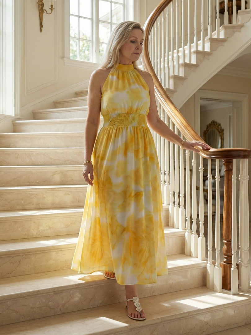 Veda Bremen Sylin Gerafftes Midikleid mit Neckholder, elegant sleeveless dress with gathered fabric in a stylish design.