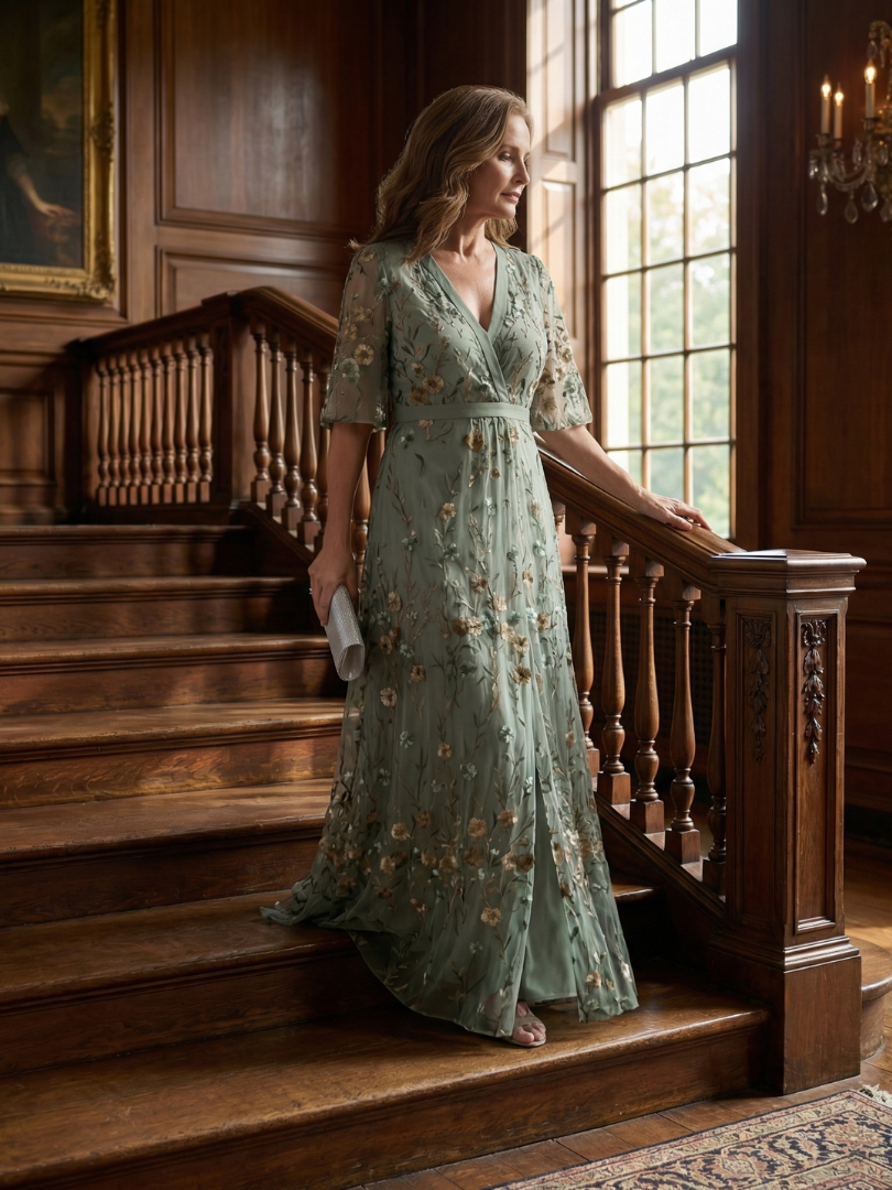 Veda Bremen Selora maxi dress with neckholder and Bloom-Flow cut, flowing fabric, and elegant design on model.