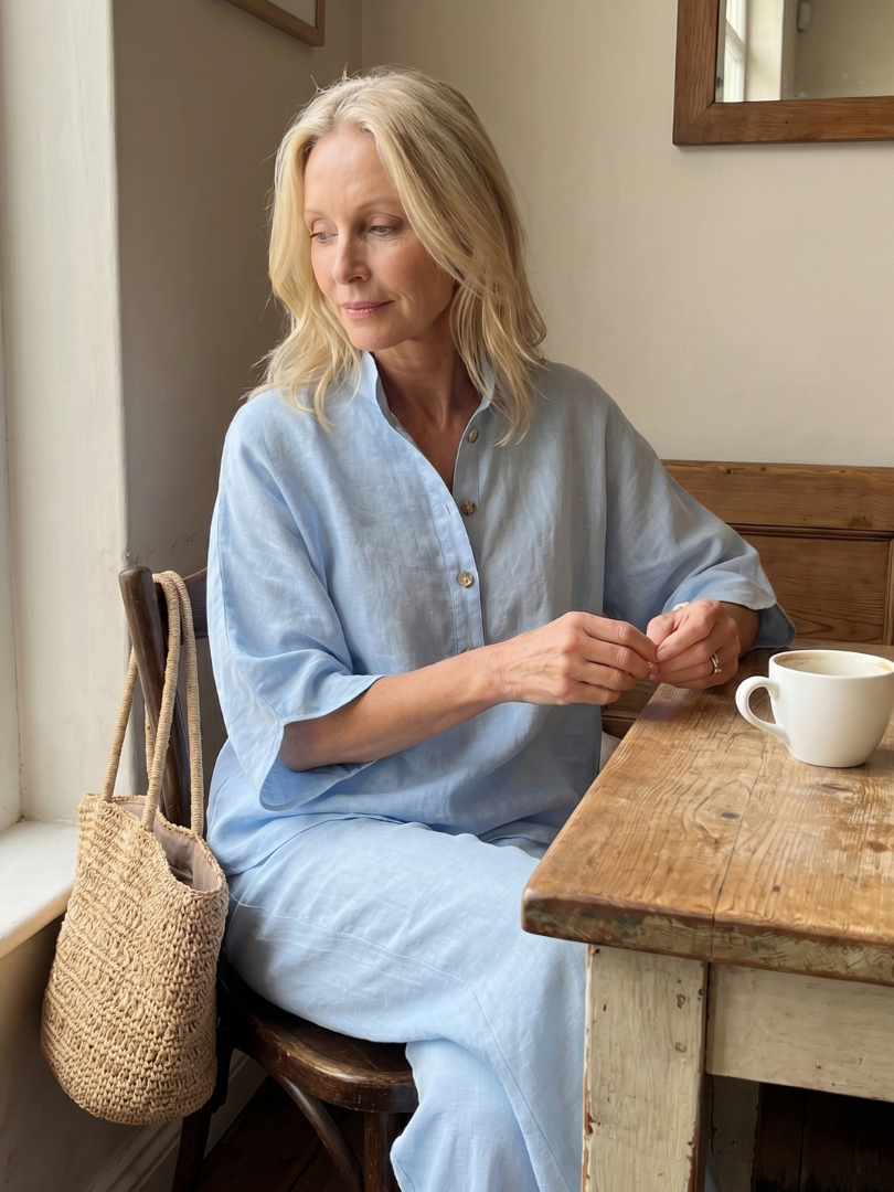 Veda Bremen Carolyn Geknöpftes Tunika und Hosen Set, navy blue with button details, casual stylish women&