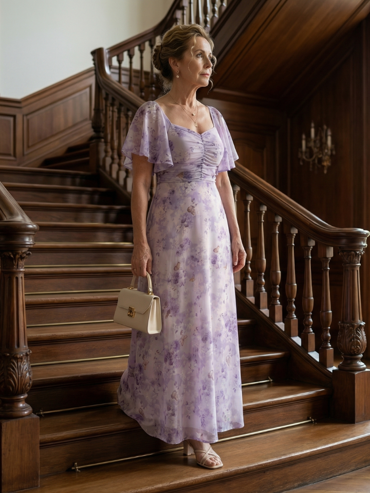 Veda Bremen Vaelis mid-length dress with flutter sleeves, soft fabric, and a relaxed fit, displayed on a hanger.