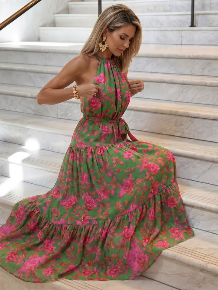 Veda Bremen Rowen draped midi dress with neckholder, featuring elegant fabric and stylish design, shown on a mannequin.