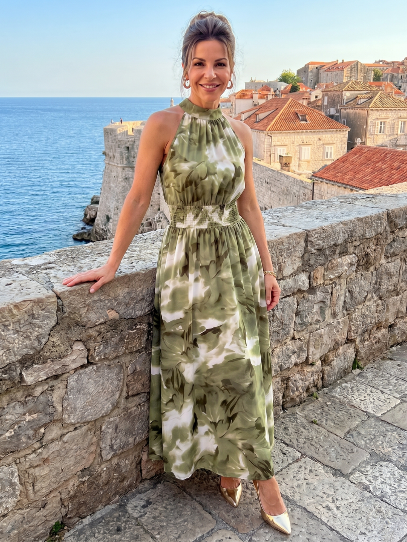 Veda Bremen Olivia midikleid with ruched waistband and abstract print, showcasing flowing fabric and stylish design.