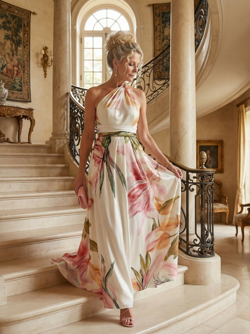 Veda Bremen Amiel lightweight maxi dress with colorful floral print, flowing fabric, and sleeveless design.