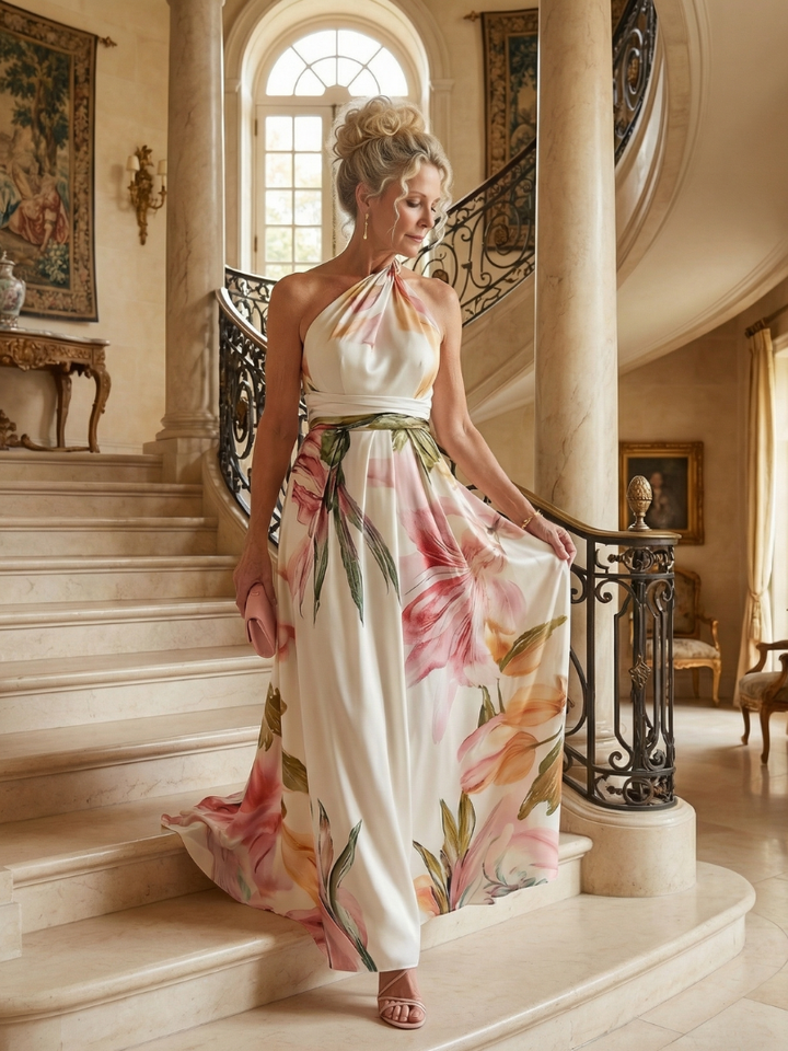 Veda Bremen Amiel lightweight maxi dress with colorful floral print, flowing fabric, and sleeveless design.