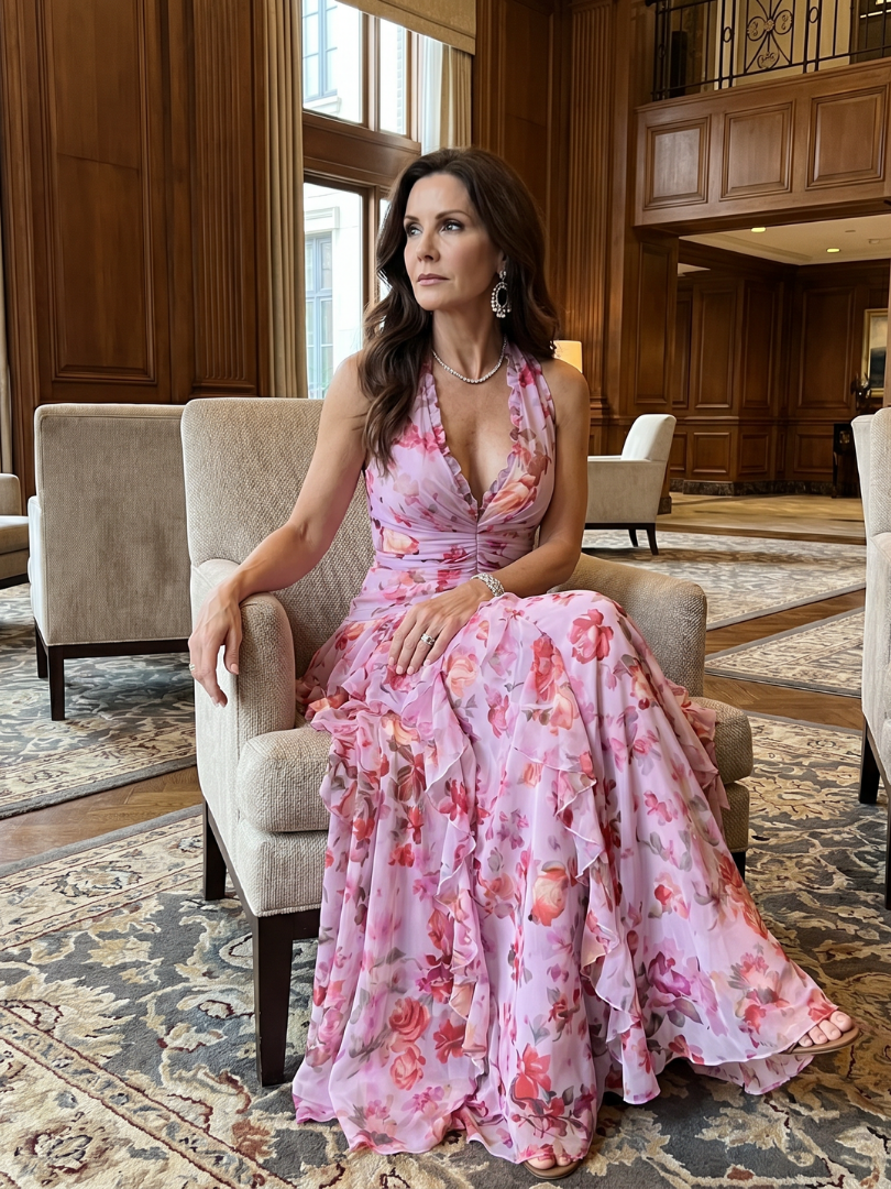 Veda Bremen Nori maxi dress with neckholder, gathered bodice, and floral print, flowing summer dress on a model.