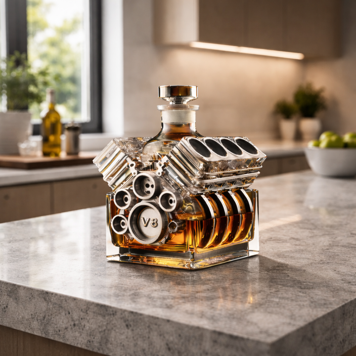 Veda Bremen Whisky Flasche Motor Edition featuring a sleek design with motor-themed artwork on a glass bottle.
