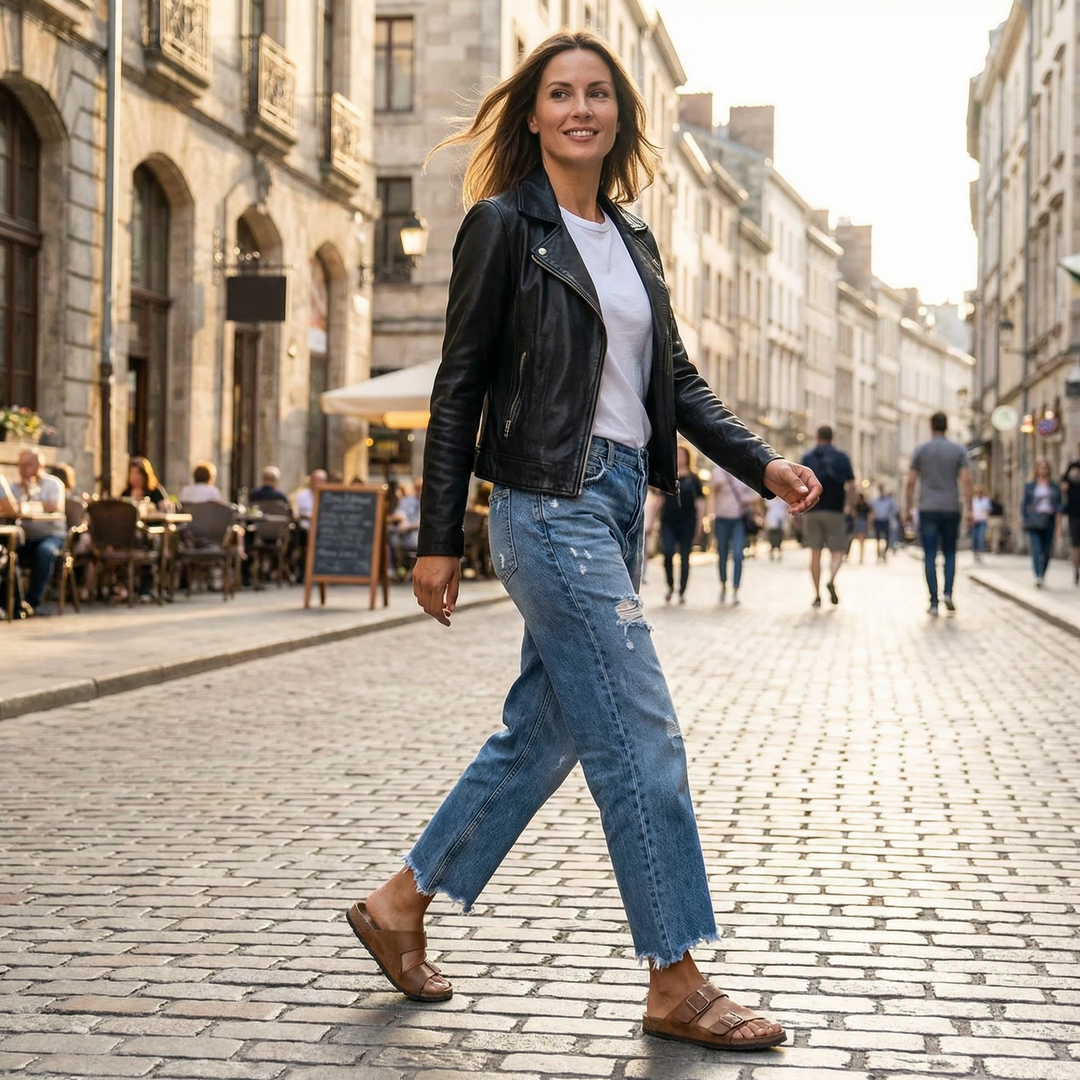 Veda Bremen Zelda premium stretch jeans in a shortened style, showcasing a close-up of the dark denim fabric and fit.