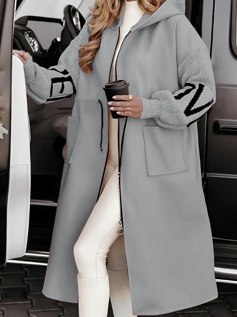 LuroLondon Roma Elegant Hooded Coatigan jacket in neutral fabric with a hood, front pockets, and a relaxed fit.