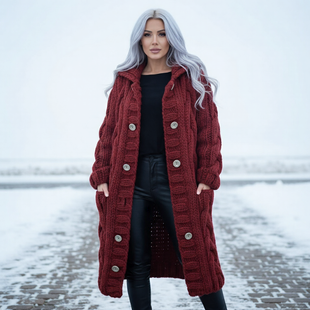 LuroLondon Kelly Elegant Cosy Coat in neutral color, showcasing its tailored fit and soft, warm fabric for stylish winter wear.