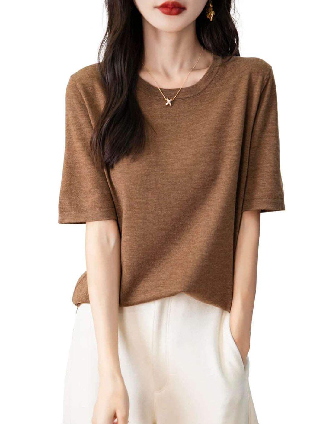 Veda Bremen 100% Merino Wool crew neck tee shirt in natural wool, displayed flat with a close-up of the fabric texture.