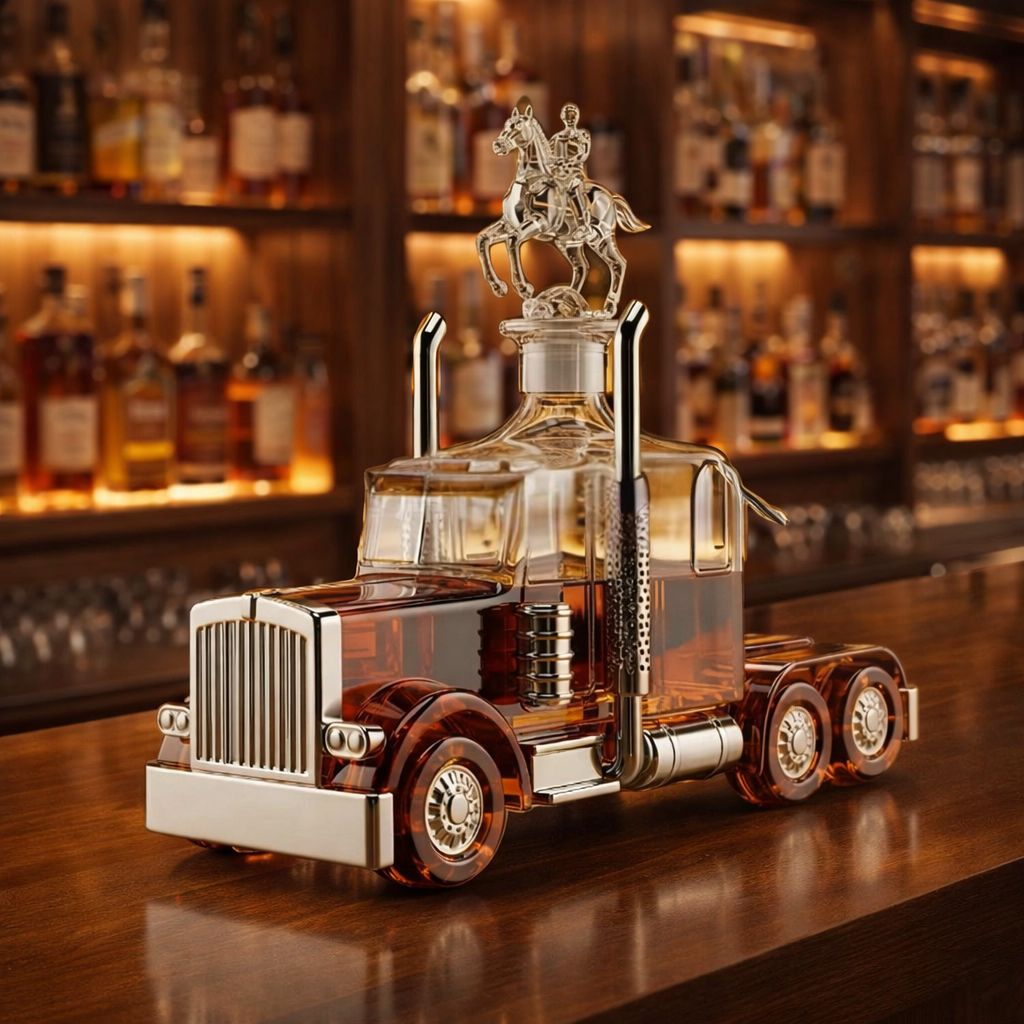 Veda Bremen Whisky Flachmann Truck Edition with metal construction and vintage truck design for portable liquor storage.