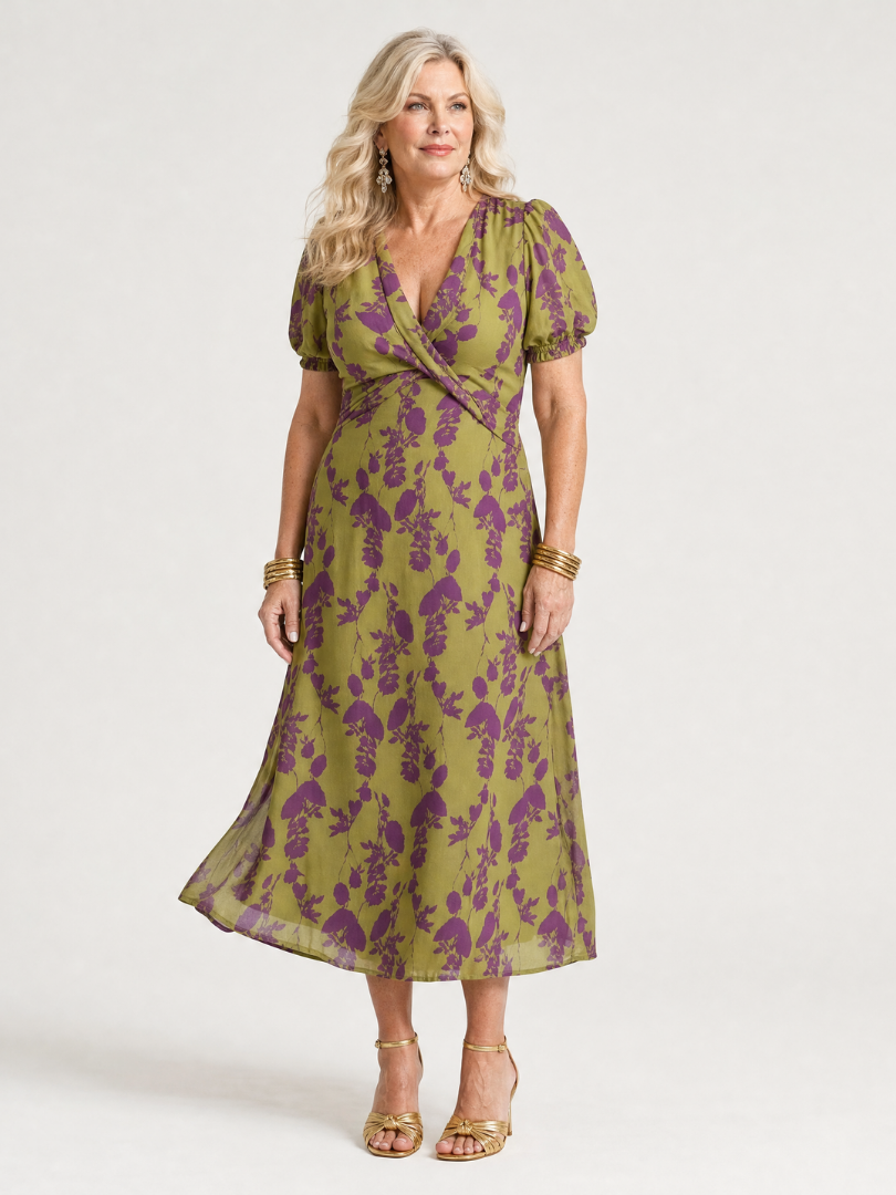 Virel Veda Bremen casual midi dress with a colorful floral print, lightweight fabric, and relaxed fit.