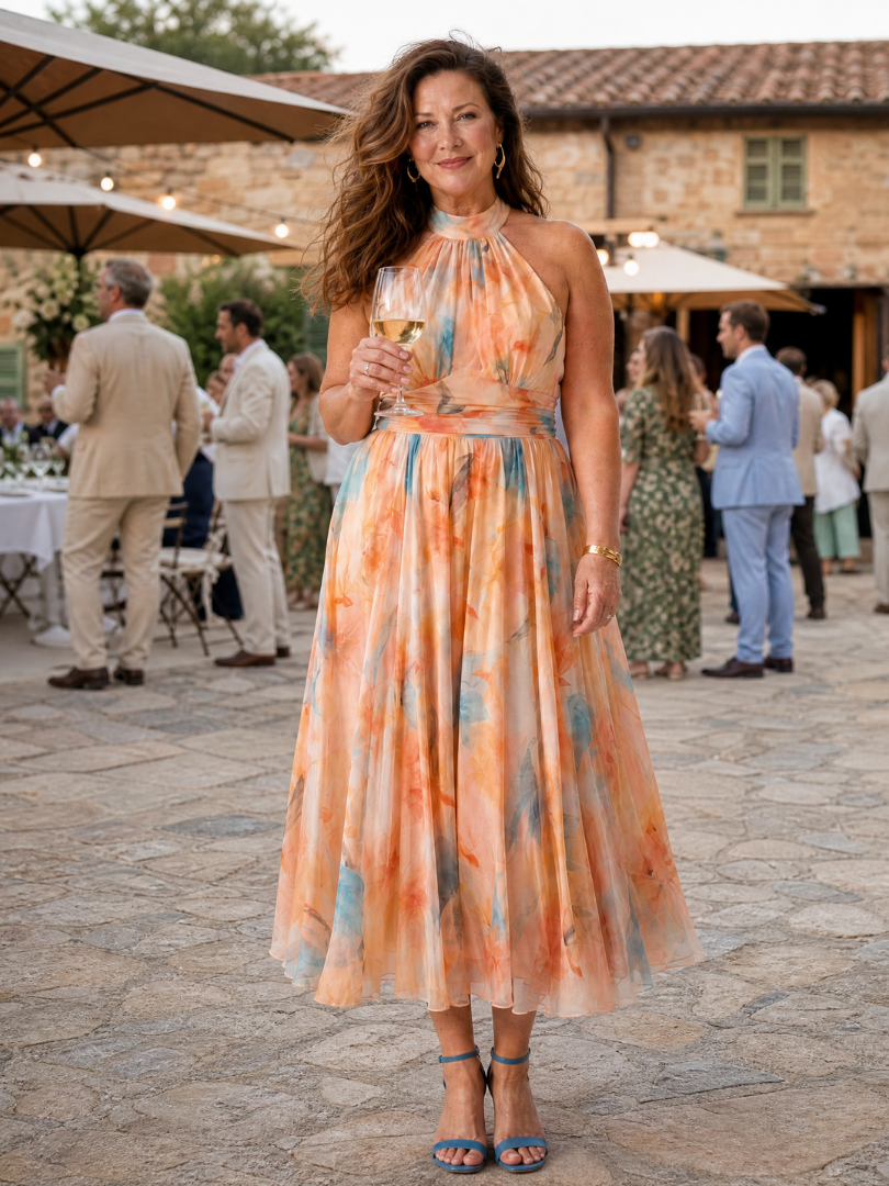 Veda Bremen Elin soft midi dress with neckholder, flowing fabric, sleeveless design, and elegant style perfect for summer wear.