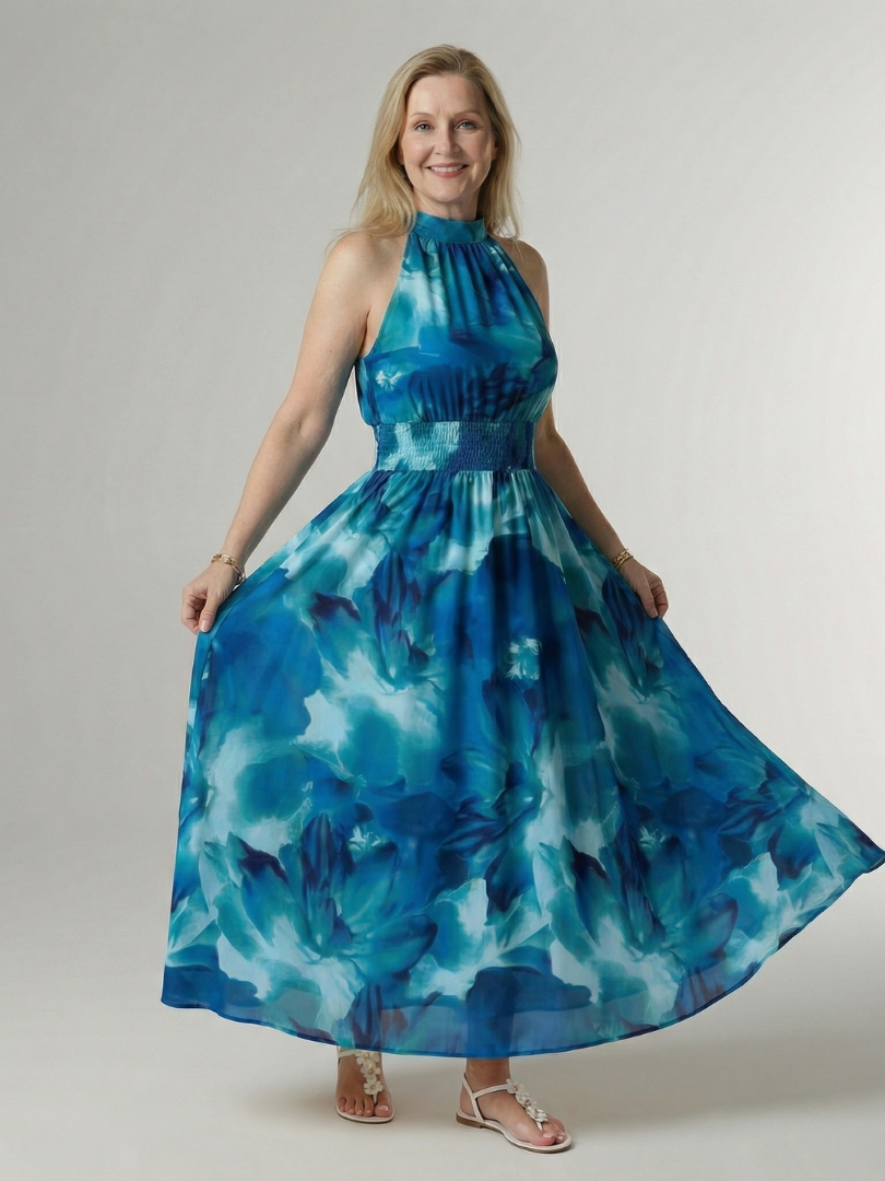 Veda Bremen Sylin Gerafftes Midikleid mit Neckholder, elegant pink dress with ruffled details and sleeveless design.