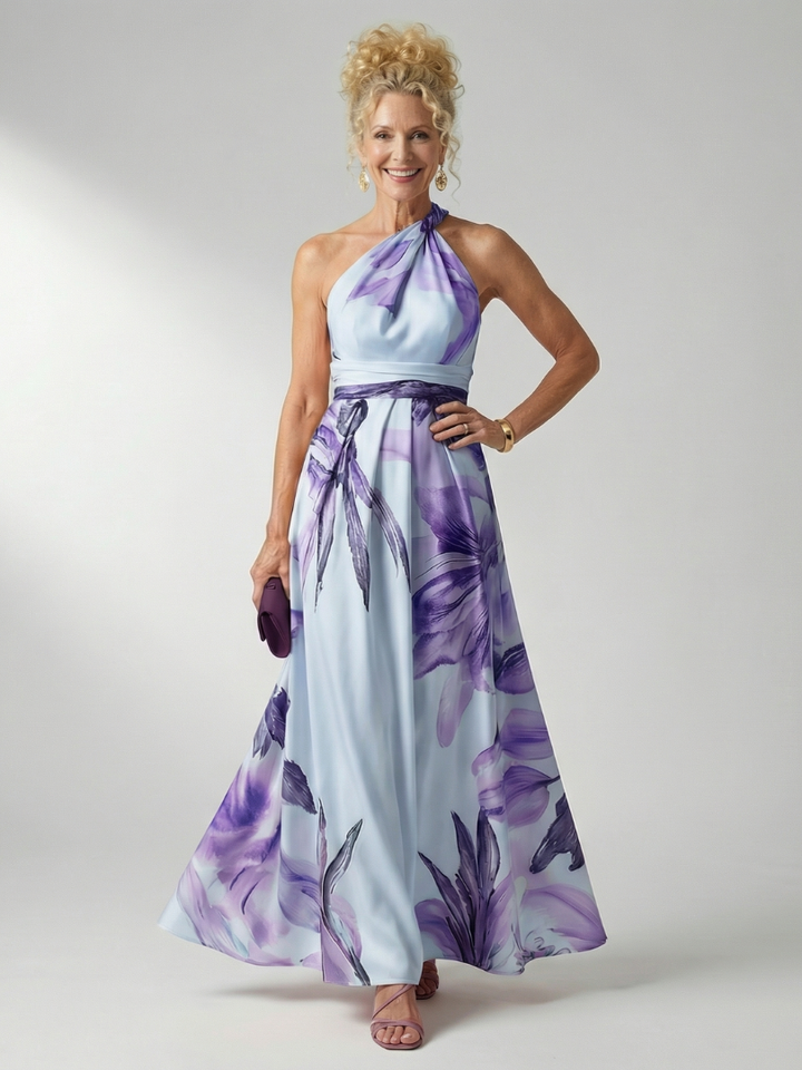 Veda Bremen Amiel lightweight maxi dress with colorful floral print, flowing fabric, and sleeveless design.