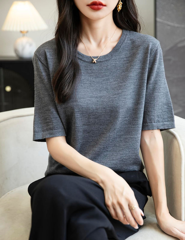 Veda Bremen 100% Merino Wool crew neck T-shirt in neutral color, close-up view showing soft fabric and classic fit