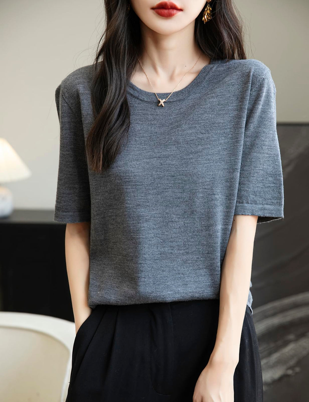 Veda Bremen 100% Merino Wool crew neck T-shirt in natural color, close-up view showing soft knit fabric and classic fit