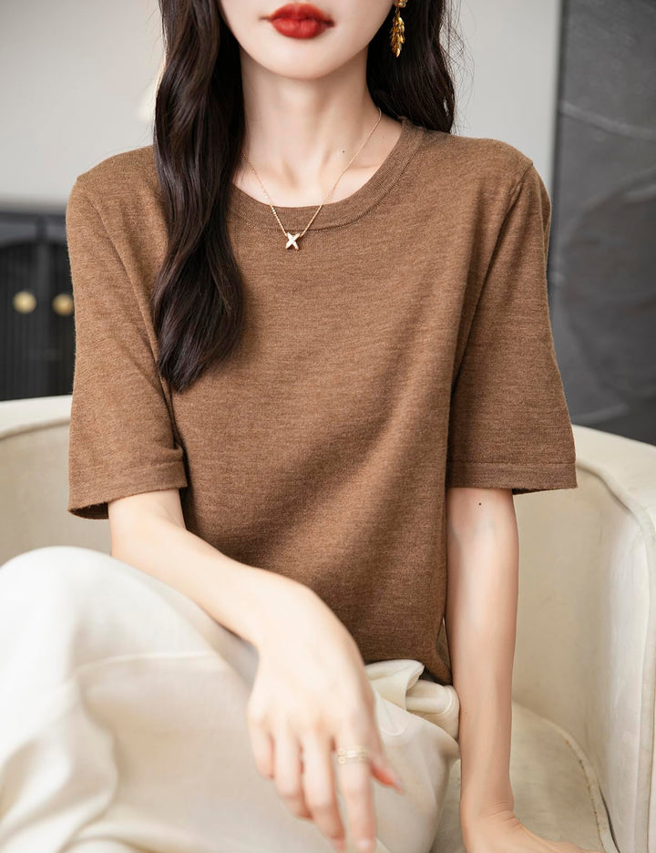 Veda Bremen 100% Merino Wool crew neck T-shirt in natural wool, showing close-up of soft, fine knit fabric and classic fit.