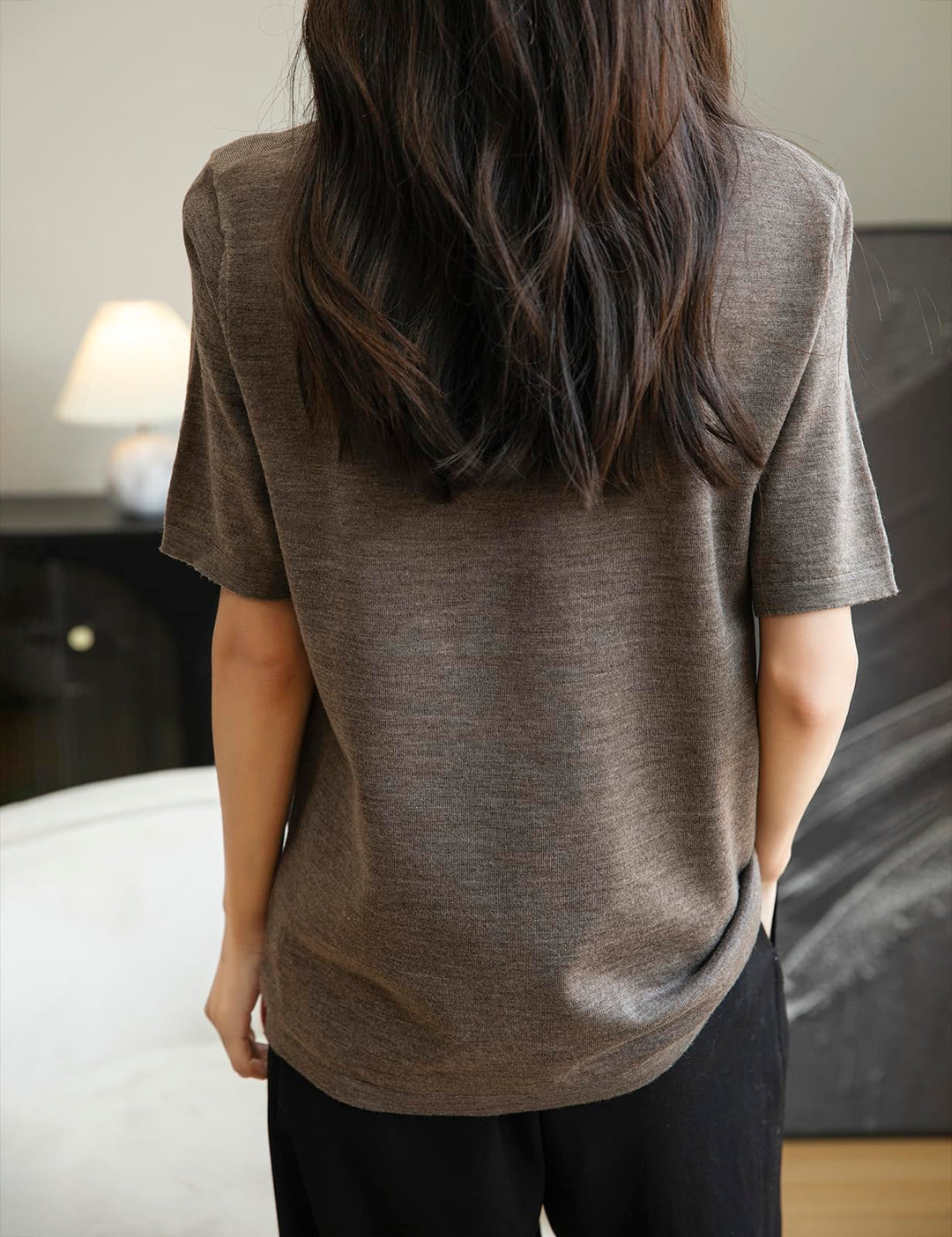 Veda Bremen 100% Merino Wool crew neck tee shirt, soft and warm, shown in natural wool color with close-up of fabric texture.