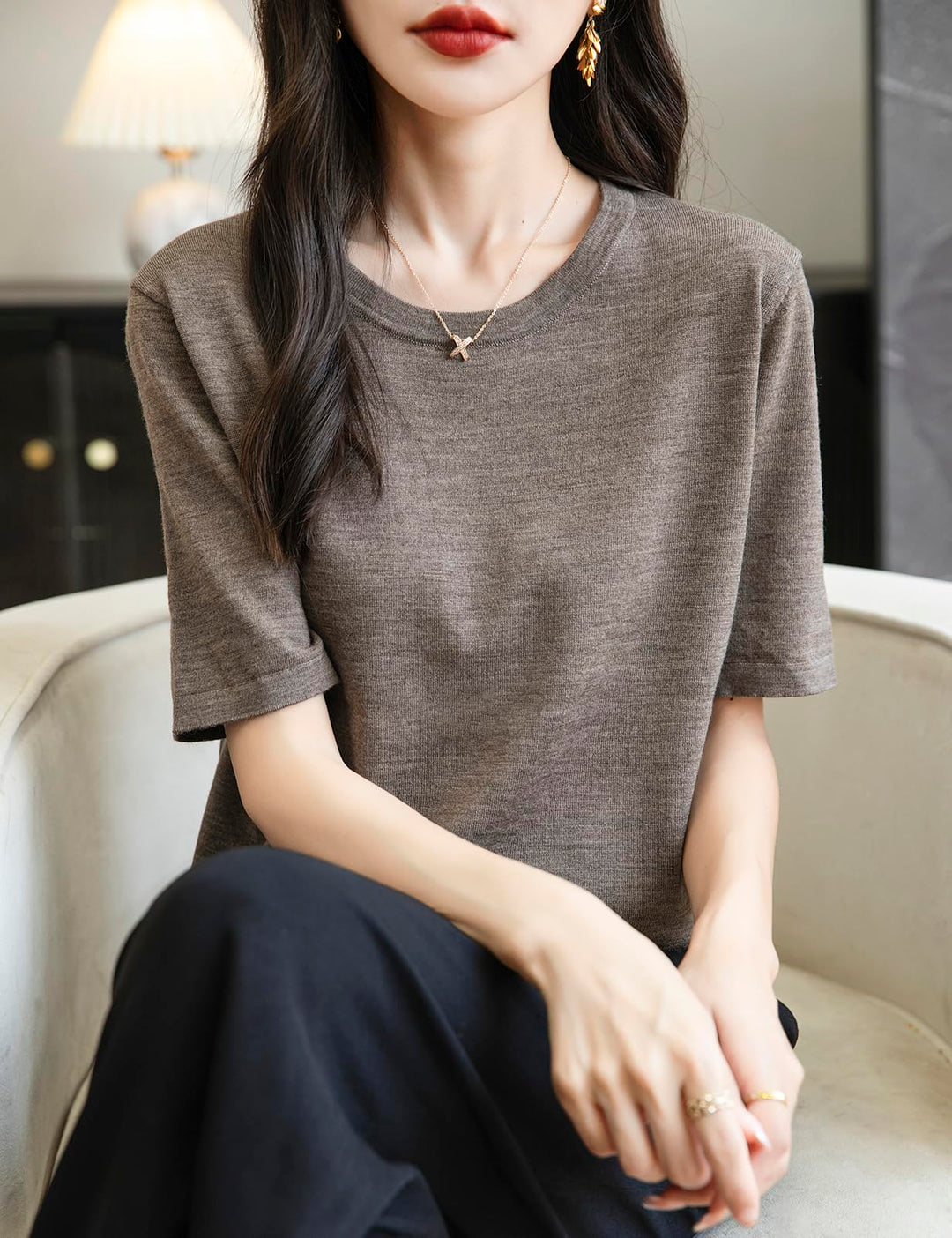 Veda Bremen 100% Merino Wool crew neck T-shirt in natural wool, close-up of the soft, textured fabric and classic fit.