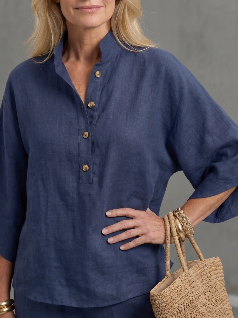 Veda Bremen Carolyn Geknöpftes Tunika und Hosen Set, beige fabric, button details, casual stylish outfit for women.