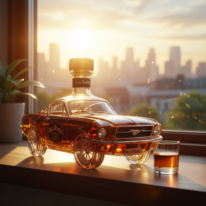 Veda Bremen Mustang Edition whisky flask with a sleek metallic finish and engraved Mustang design.