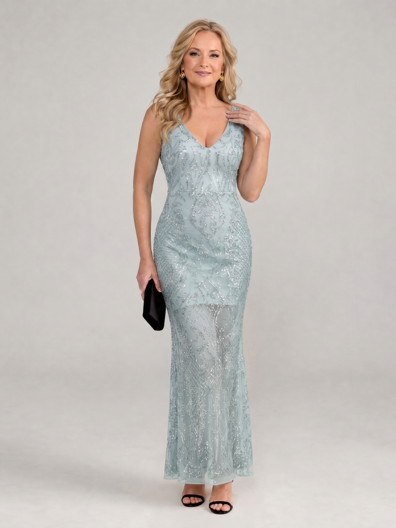Veda Bremen Sirea sleeveless midi dress with sequins and transparent panel, elegant evening wear with shimmering details.