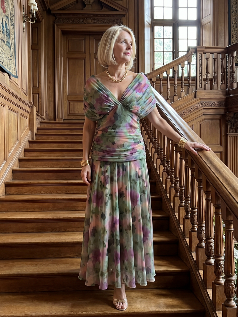 Veda Bremen Calen off-shoulder midi dress with flowing fabric, showcasing a stylish off-shoulder neckline and elegant silhouette.