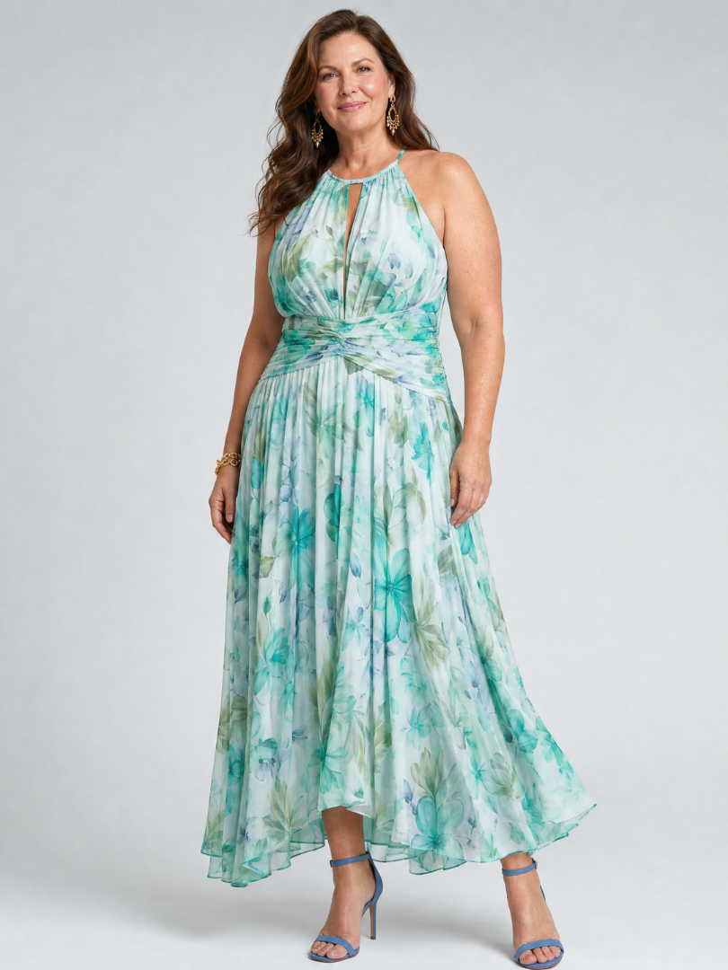 Veda Bremen Portia plissiertes Midikleid with neckholder and delicate floral pattern, showcasing soft fabric and elegant silhouette.
