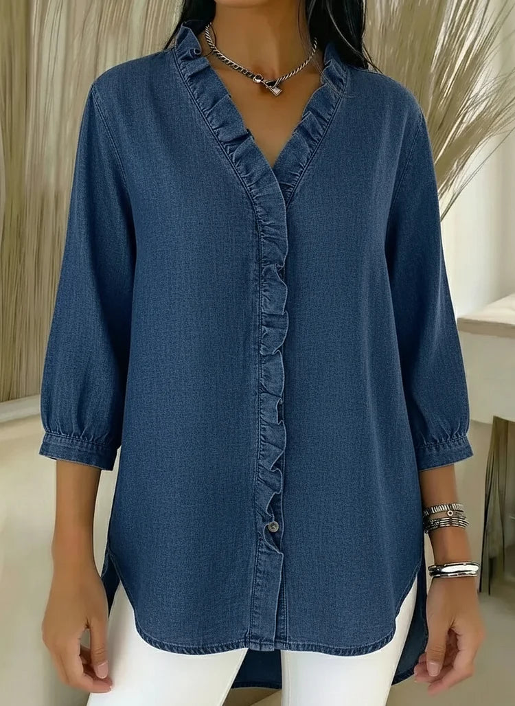 Veda Bremen VERA safe everyday blouse in soft fabric, featuring a classic collar and button-down front, shown on a hanger.