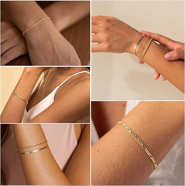 Veda Bremen Isabella Vernetta gold bracelet set with multiple delicate bangles and chain accents on a white background.