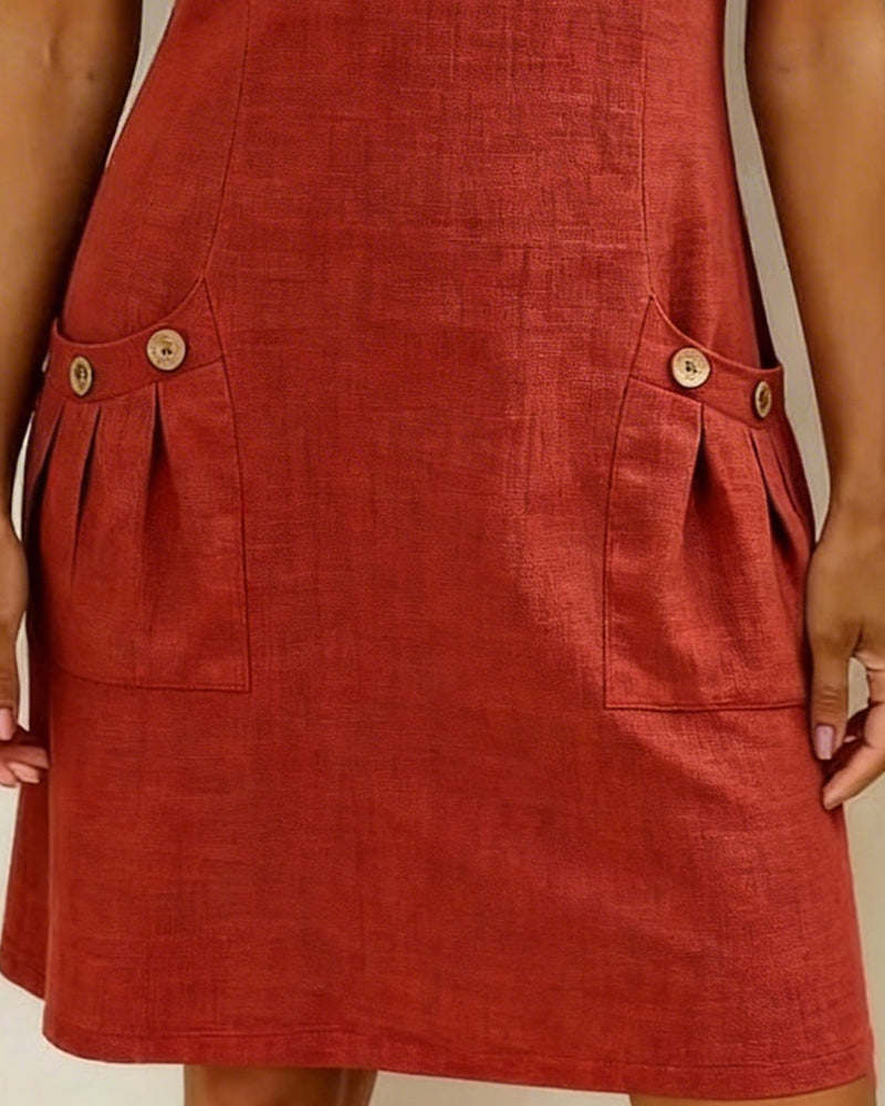 Veda Bremen Dariae linen blend A-line dress shown in natural beige with a relaxed fit and sleeveless design.