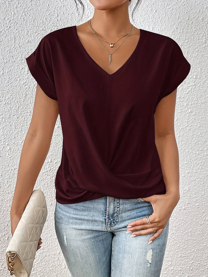 Veda Bremen Cleo casual T-shirt with sweetheart neckline, soft fabric, and relaxed fit, showcased on a model.