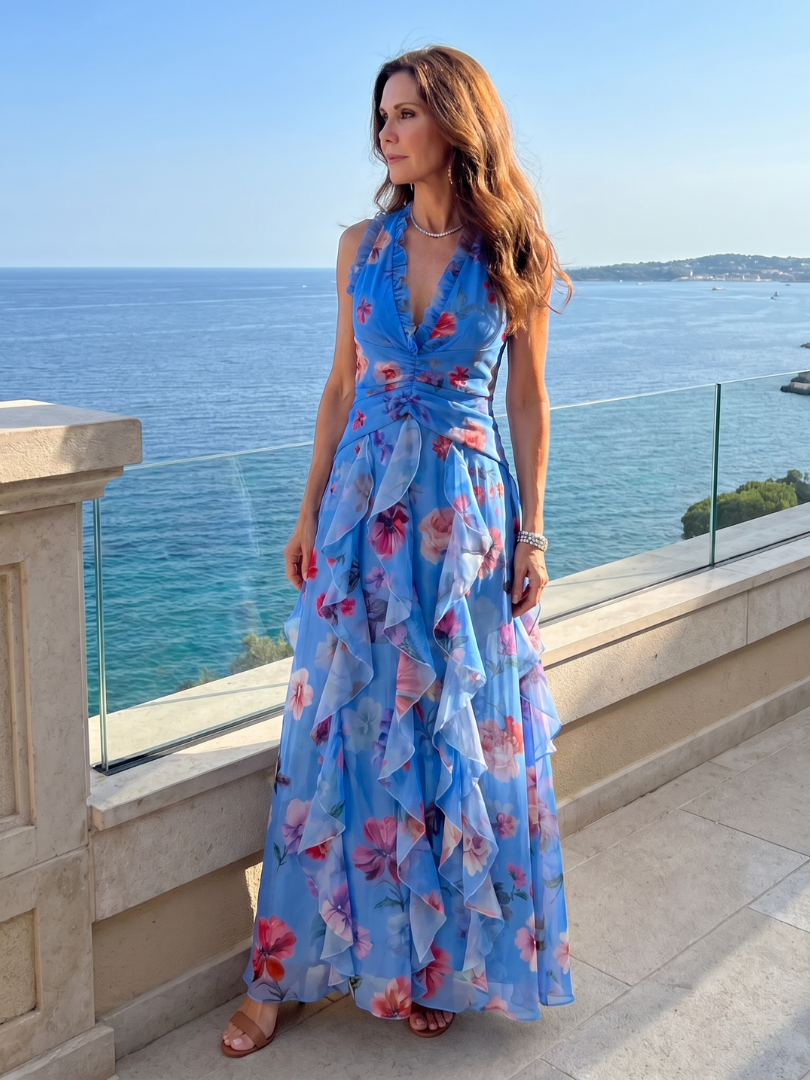 Veda Bremen Nori maxi dress with neckholder, ruched bodice, and floral print, featuring a flowing silhouette and vibrant flower design.