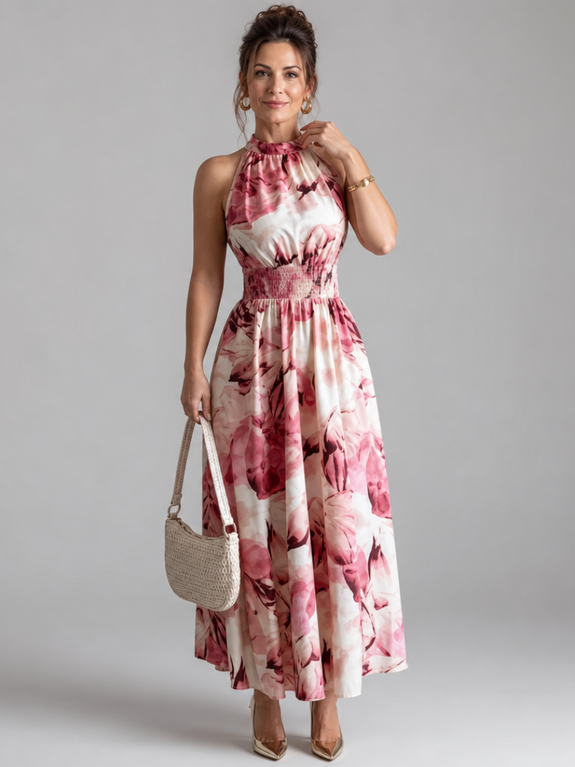 Veda Bremen Olivia midikleid with gathered waist and abstract print, flowing fabric, and elegant design.