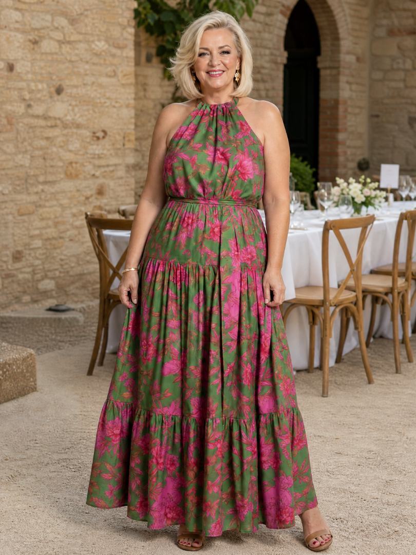 Veda Bremen Rowen draped midi dress with neckholder, featuring flowing fabric and elegant design, shown on a model.