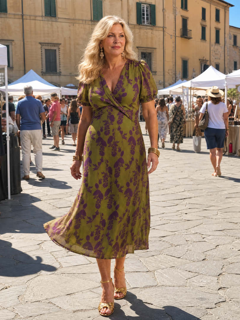 Veda Bremen Virel casual midi dress with colorful floral print, lightweight fabric, and relaxed fit.