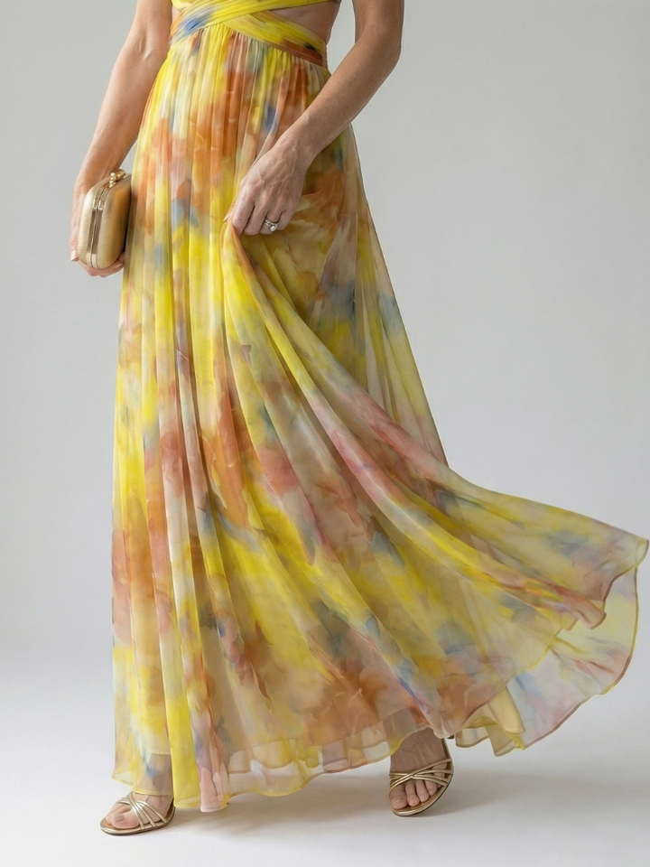 Veda Bremen Isel soft wrap maxi dress in flowing fabric, shown in a gentle, elegant drape.