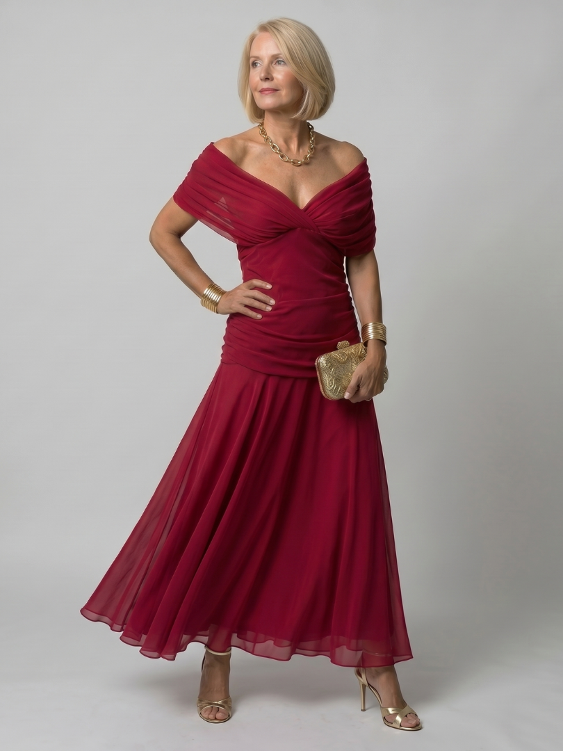 Veda Bremen Calen off-shoulder midi dress with flowing silhouette, elegant and stylish for summer occasions.