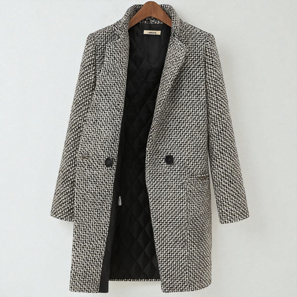 LuroLondon Elana Wool Coat in neutral color, featuring a tailored fit, double-breasted design, and classic lapel collar.